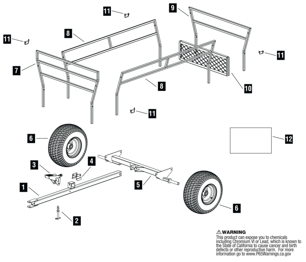 Exploded diagram of a utility cart featuring parts numbered 1-12. Warning: "This product can expose you to chemicals including Chromium VI and Lead, known to California to cause cancer and birth defects or other reproductive harm. For more information go to www.P65Warnings.ca.gov."