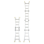 GLMPXA 18 2 Extension ladder shown in low and high positions, silver with yellow tips.