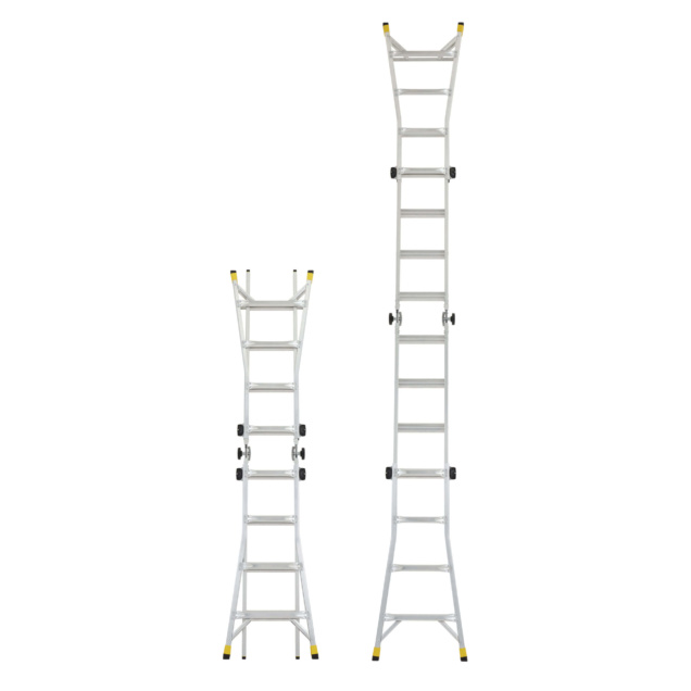 GLMPXA 18 2 Extension ladder shown in low and high positions, silver with yellow tips.