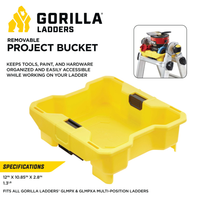 Gorilla Ladders yellow project bucket, 12" long, 10.85" wide, 2.8" high, removable.