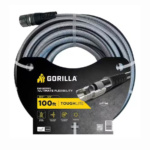 Gorilla Made 100ft gray hose labeled "TOUGHLITE" with flexible, durable design.