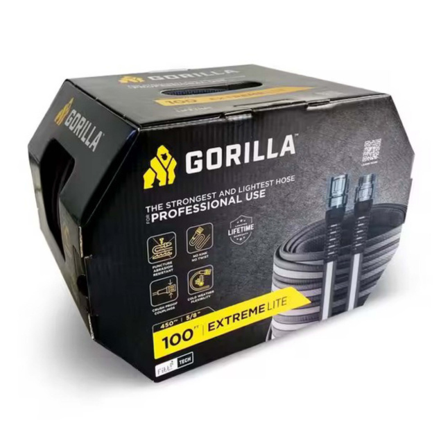 Gorilla Extreme Lite 100ft hose in black and grey box, text: "The strongest and lightest hose for professional use".