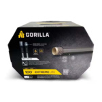 Gorilla utility product packaging labeled "100' Extreme Lite." Features include "Crush Proof Anodized Aluminum Coupling" and "PVC Free."