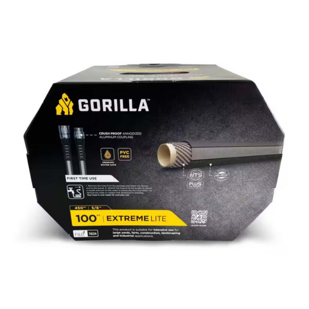 Gorilla utility product packaging labeled "100' Extreme Lite." Features include "Crush Proof Anodized Aluminum Coupling" and "PVC Free."
