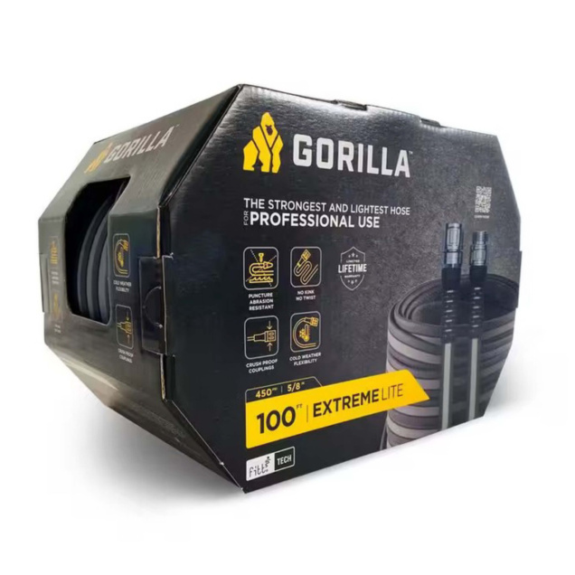 Gorilla 100ft Extreme Lite hose box with features for professional use.