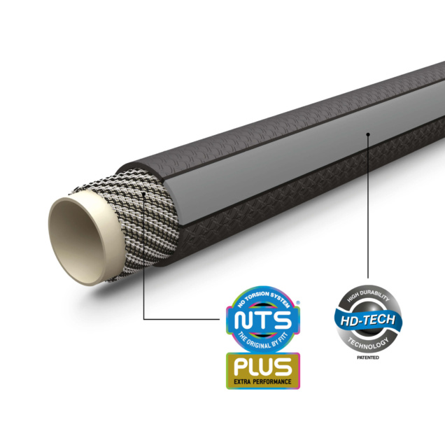 Cross-section of a durable black garden hose with "NTS" and "HD-TECH" logos.