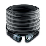 Heavy-duty gray garden hose coiled neatly with metallic connectors visible.