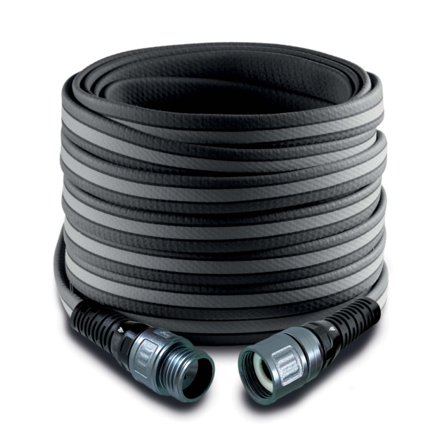 Heavy-duty gray garden hose coiled neatly with metallic connectors visible.