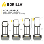 Gorilla adjustable hand truck handle heights: 43.5, 47.8, 50.4, 52.8 inches.