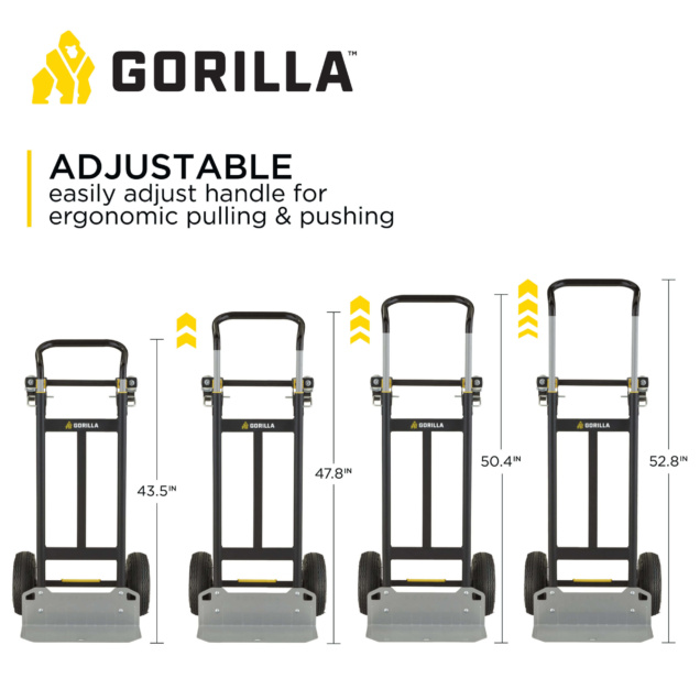 Gorilla adjustable hand truck handle heights: 43.5, 47.8, 50.4, 52.8 inches.