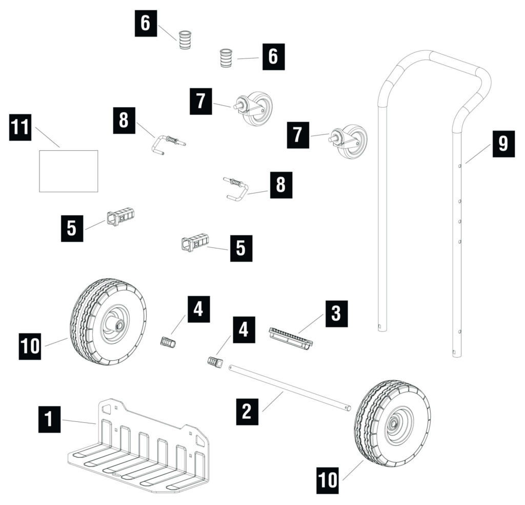 Exploded diagram of a utility cart featuring 11 numbered parts, including wheels and a handle.