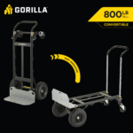 Two black Gorilla carts, 800 lb max capacity, feature easy operation for heavy-duty tasks.