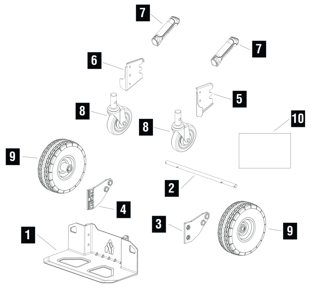 Exploded diagram of utility cart components with labels 1 to 10.