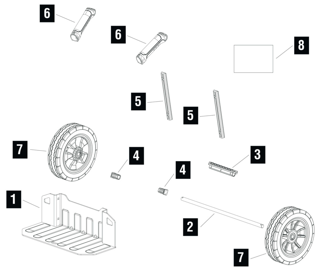 Exploded view diagram showing numbered components of a wheelbarrow.