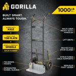 Gorilla hand truck infographic; 1000 lb capacity, yellow/black, features heavy duty parts.