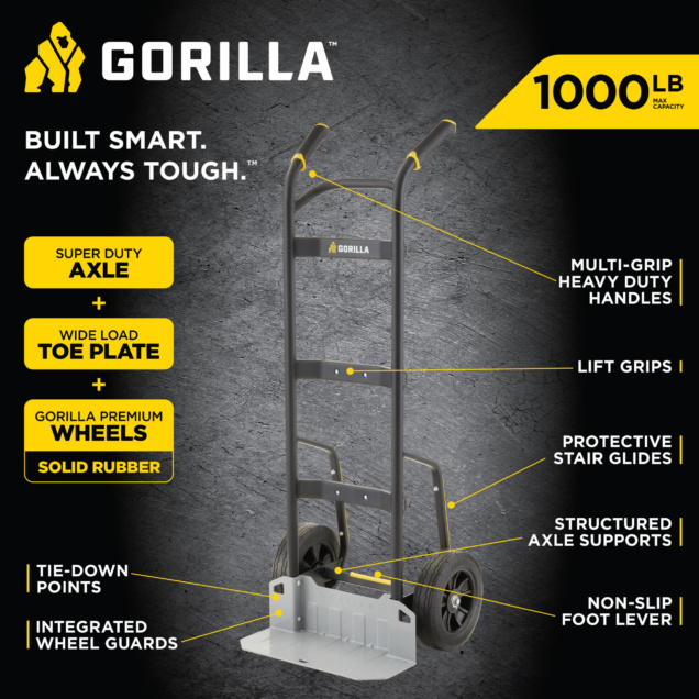 Gorilla hand truck infographic; 1000 lb capacity, yellow/black, features heavy duty parts.