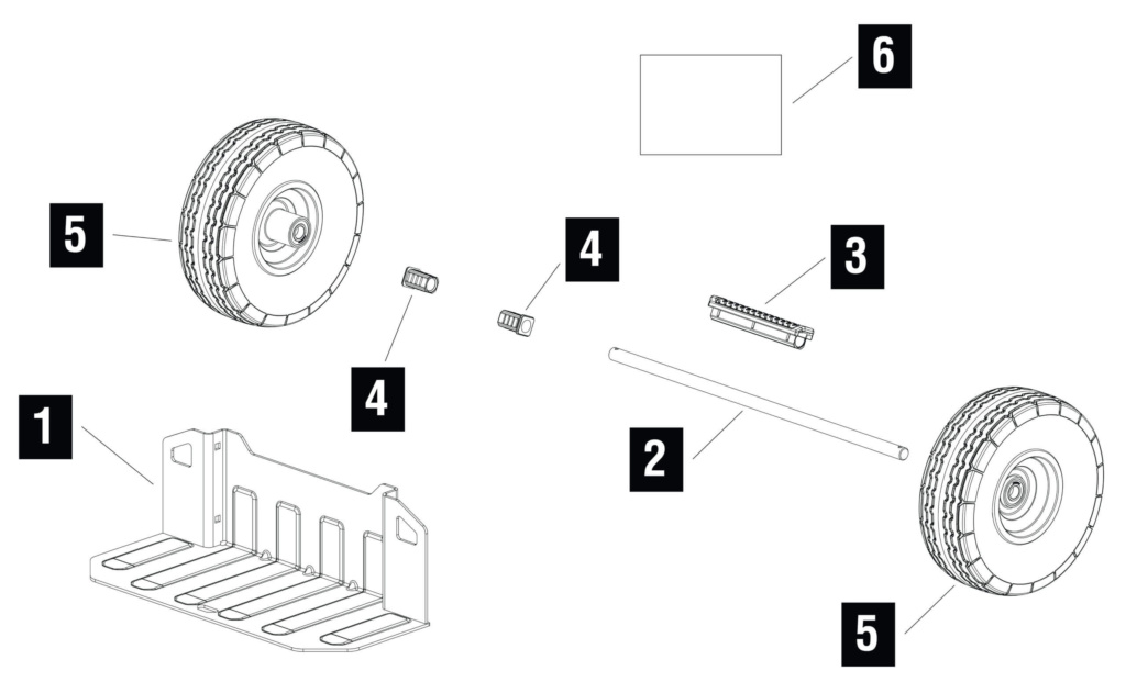 Exploded view of a utility cart with labeled parts: base, axle, bushings, and two treaded wheels.