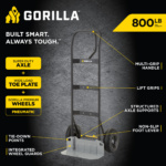 Hand truck with multi-grip handle, 800 lb capacity; features text: "Built Smart. Always Tough."