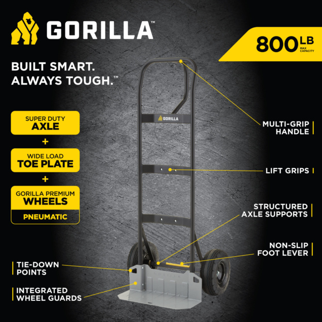 Hand truck with multi-grip handle, 800 lb capacity; features text: "Built Smart. Always Tough."