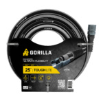 Gorilla Made 25 ft ToughLite garden hose, 350 PSI 5/8" for ultimate flexibility.