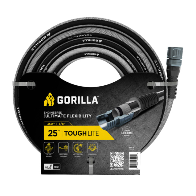 Gorilla Made 25 ft ToughLite garden hose, 350 PSI 5/8" for ultimate flexibility.