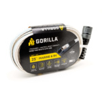 Gorilla Marine & RV hose, 25 feet long, saltwater resistant, non-kink, white with blue stripes.