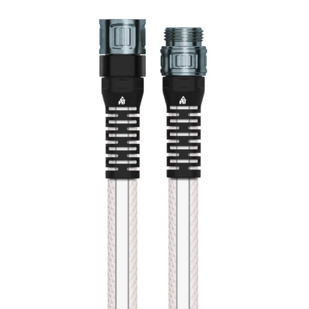 Clear garden hose with black reinforced connectors, showcasing durability.