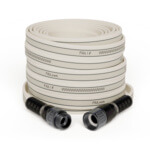 Coiled white garden hose with "fitt.com" branding, featuring black connectors.
