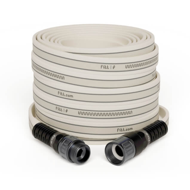 Coiled white garden hose with "fitt.com" branding, featuring black connectors.