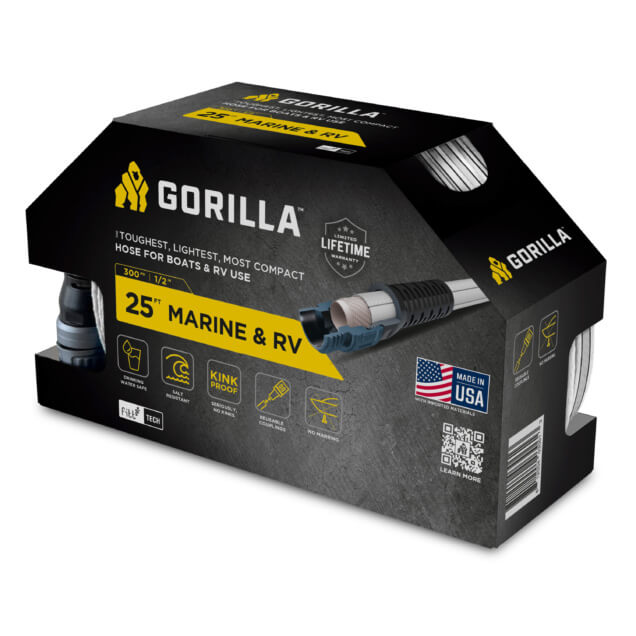 Gorilla Marine & RV 25 ft hose packaging with kink-proof features and USA flag.