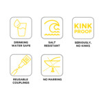 Icons displaying hose features: "Drinking Water Safe," "Salt Resistant," "Kink Proof," "Reusable Couplings," "No Marring."