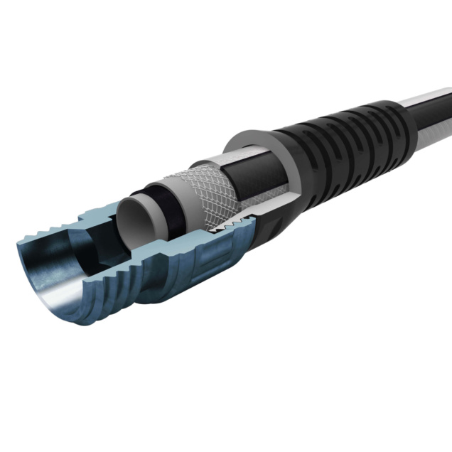 Cross-section of a durable hose with a black and silver design, showcasing layered construction.