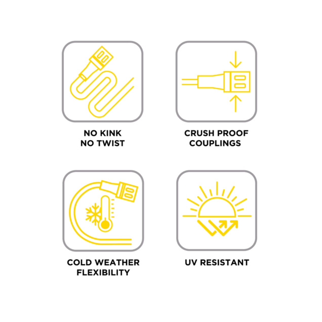 Four yellow icons illustrating features: "No Kink No Twist", "Crush Proof Couplings", "Cold Weather Flexibility", "UV Resistant".