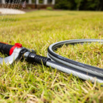 Grey garden hose labeled "ToughLite" on grass, attached to a red and black nozzle.