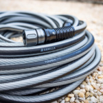 Gray and black ToughLite garden hose coiled on gravel, featuring "GORILLA" text.