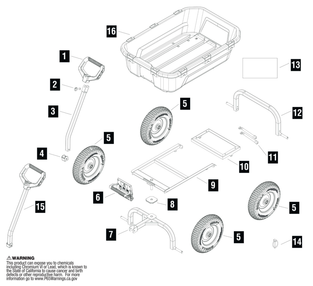 Assembly diagram of Gorilla Made cart with labeled parts and warning text.