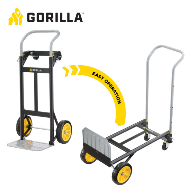 Gorilla utility cart, black and yellow, convertible design. Text: "EASY OPERATION".