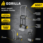 Gorilla hand truck infographic with features: folding toe plate, solid flat free wheels, 600 lb capacity.