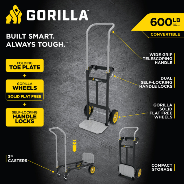 Gorilla hand truck infographic with features: folding toe plate, solid flat free wheels, 600 lb capacity.