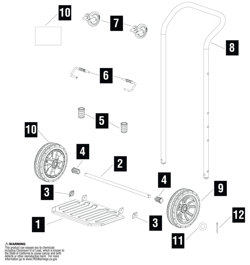 Exploded view of Gorilla Made cart with numbered parts and assembly instructions. "WARNING: This product can expose you to..."