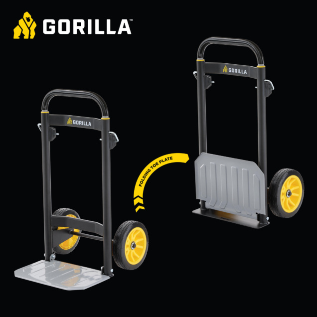 Gorilla hand truck with black frame, yellow wheels, and folding toe plate. "FOLDING TOE PLATE".