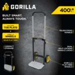 GORILLA hand truck with telescoping handle, folding toe plate, 400 lb max capacity.