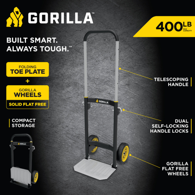 GORILLA hand truck with telescoping handle, folding toe plate, 400 lb max capacity.