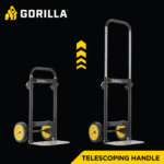 Gorilla brand hand truck with yellow wheels and telescoping handle. Text: "TELESCOPING HANDLE".