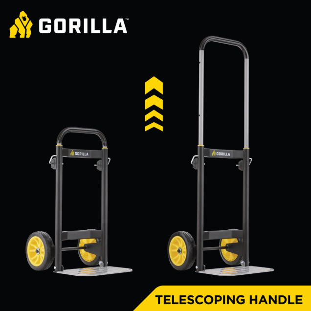 Gorilla brand hand truck with yellow wheels and telescoping handle. Text: "TELESCOPING HANDLE".