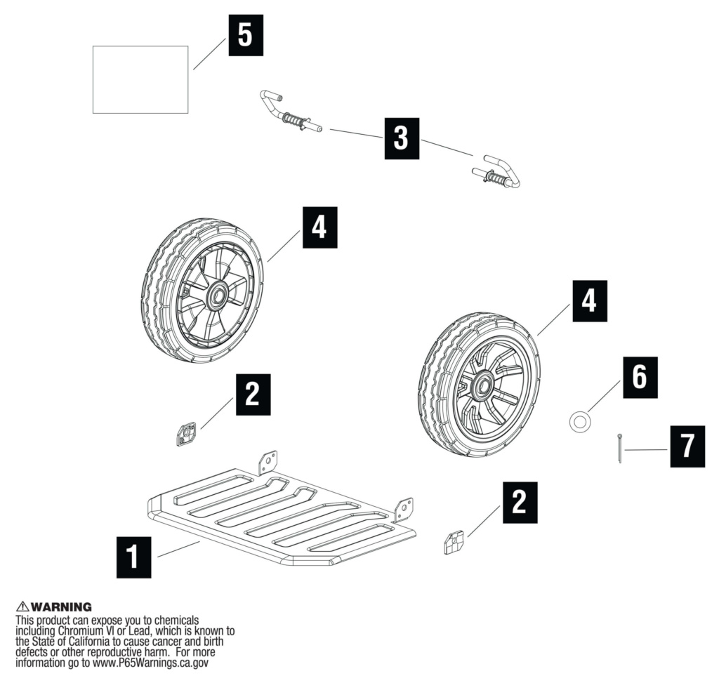 Exploded diagram of a Gorilla Made cart with parts numbered 1-7. WARNING: This product can expose you to chemicals including Chromium VI or Lead, which is known to the State of California to cause cancer and birth defects or other reproductive harm. For more information go to www.P65Warnings.ca.gov