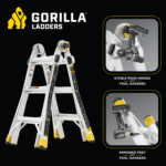 Gorilla Ladders, white with yellow accents, features stable hinges and armored feet. Text: "STABLE RIGID HINGES WITH TOOL HANGERS," "ARMORED FEET WITH TOOL HANGERS."