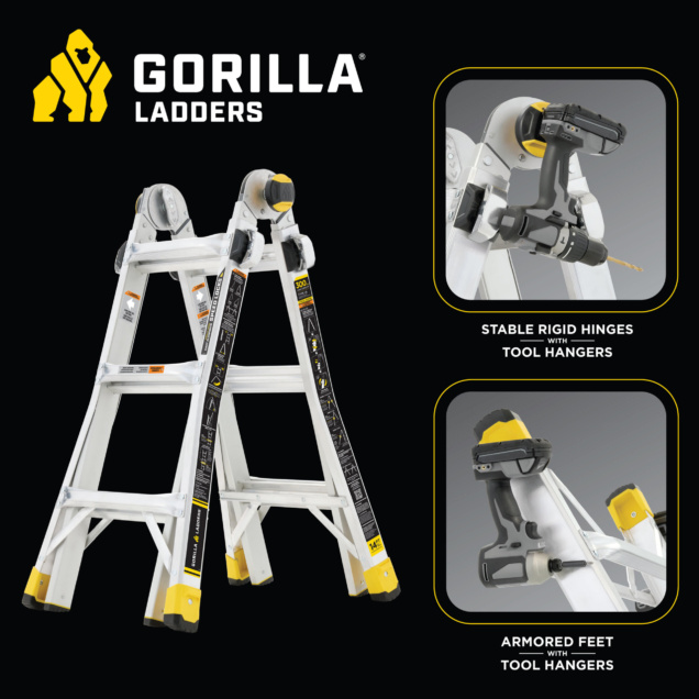 Gorilla Ladders, white with yellow accents, features stable hinges and armored feet. Text: "STABLE RIGID HINGES WITH TOOL HANGERS," "ARMORED FEET WITH TOOL HANGERS."
