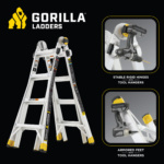 Gorilla Ladders with stable rigid hinges, tool hangers, armored feet.