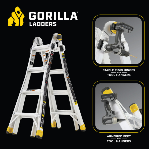 Gorilla Ladders with stable rigid hinges, tool hangers, armored feet.